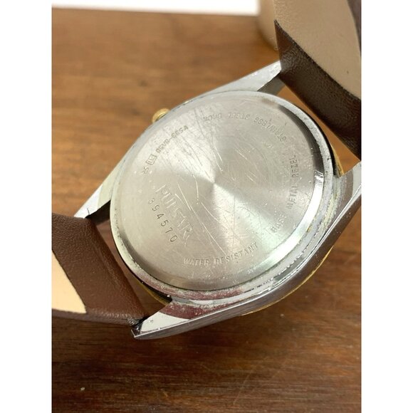 Pulsar Men's Watch V533-8A50 Vintage Quartz Silver Dial Day Date Brown Leather - Picture 6 of 14